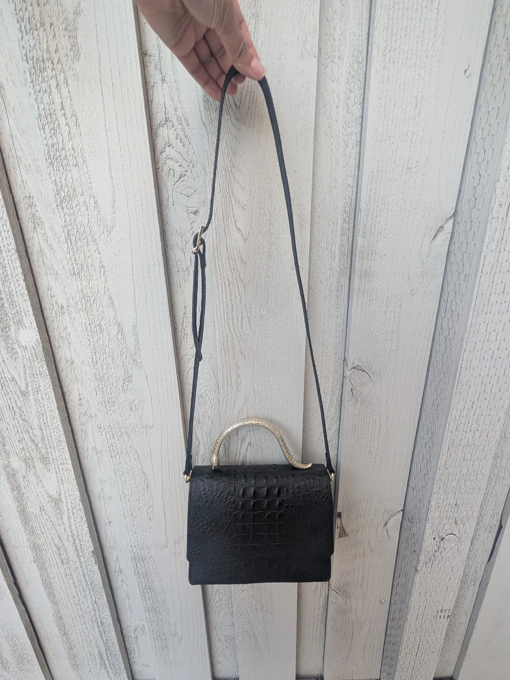 House of Harlow 1960 Black Croc-Embossed Leather Satchel with Snake Gold Handle